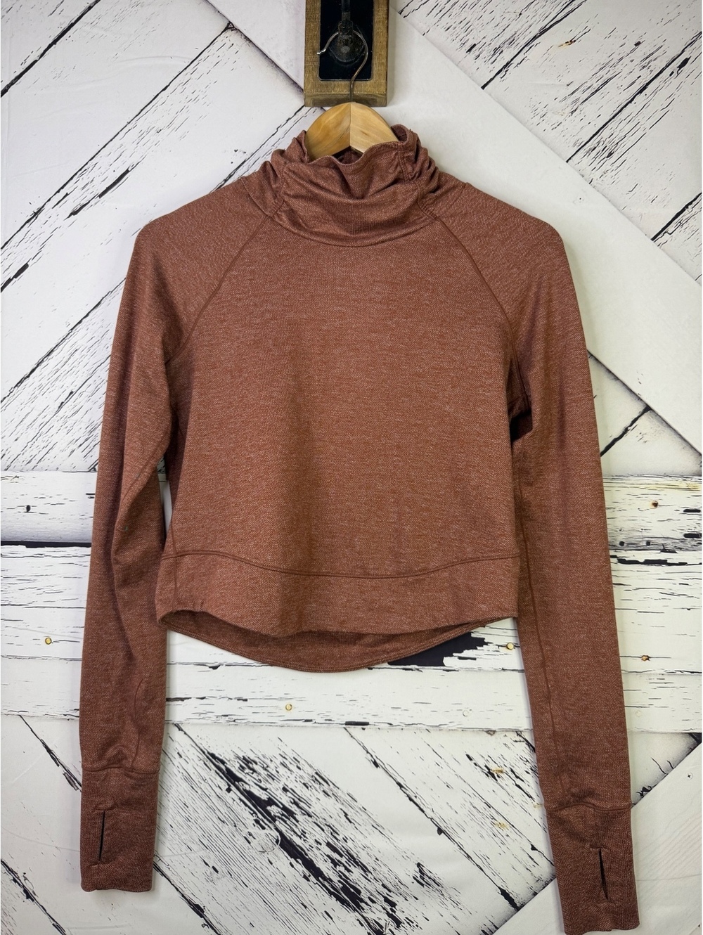 prAna Zawn Cropped Pullover Athleisure Top Textured Herringbone Rust Women XS